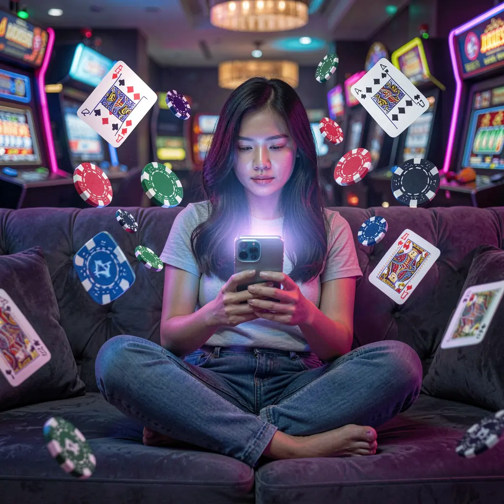 Focused Filipino woman using the HEY22 casino app on her smartphone as colorful chips and cards float around her in a neon lit scene