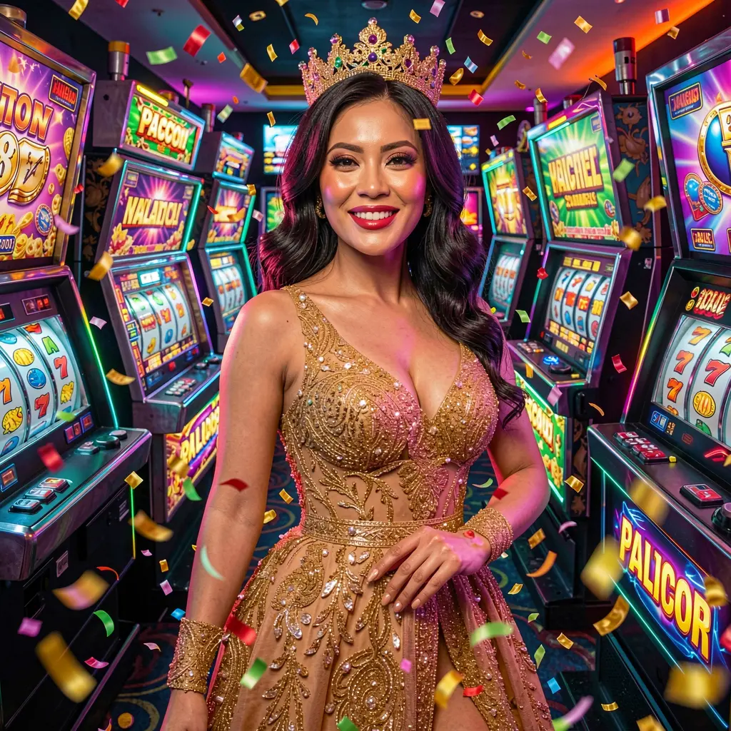 HEY22 – Step into a premium online casino experience for players in the Philippines Elegant woman in a golden dress standing between luxury slot machines inside the immersive HEY22 online casino environment for players in the Philippines